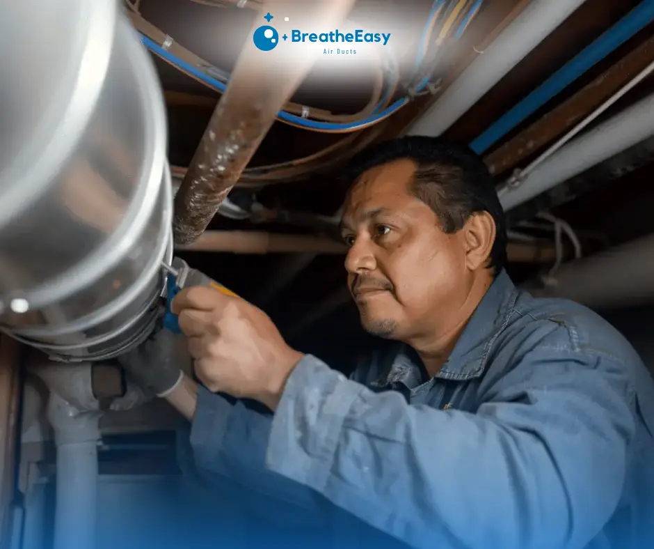 HVAC technician repairing a poorly installed duct section to prevent air leaks.